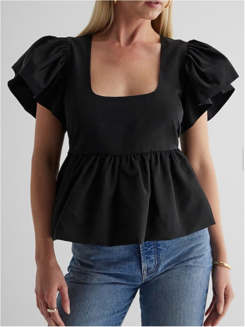 Express Black Puff-Sleeve Peplum Top Classy Party